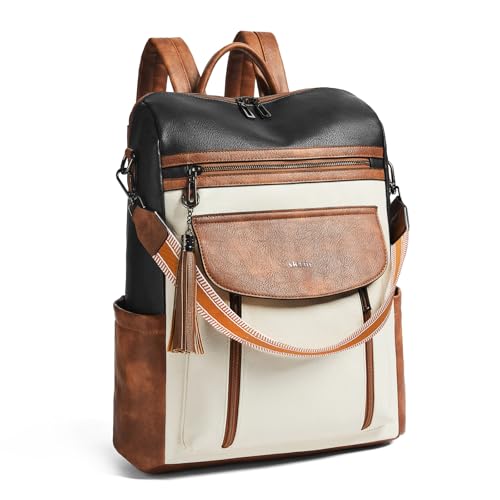 Laptop Backpack for Women 15.6 inch,Travel Leather Backpack Purse Nurse Teacher Carry on Backpack Computer Bag,Professional Water-Resistant College Business Work Casual Daypack,Two-tone Maroon - color: Black With Brown and White