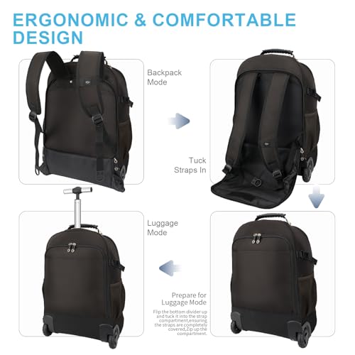 Backpack with wheels,rolling backpack with 2 Packing Cubes,compression bags for travel,Water-Resistant Carry-On Luggage,Business and Commuting (Brown) - color: Brown