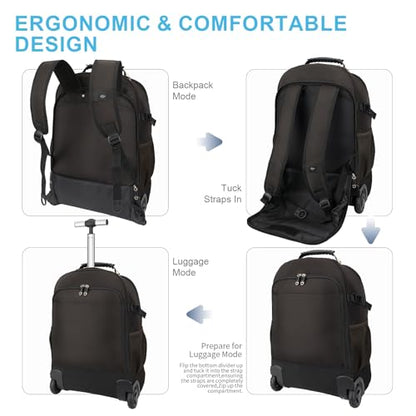 Backpack with wheels,rolling backpack with 2 Packing Cubes,compression bags for travel,Water-Resistant Carry-On Luggage,Business and Commuting (Brown) - color: Brown