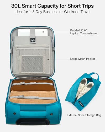 Hanke Underseat Carry On Luggage with Wheels, 17 Inch Rolling Bag | Fits 15.6 Inch Laptop, Shoe Bag Included, Small Suitcase, Softside, Trolley Sleeve, Water-Resistant, 30L, Caribbean Blue - color: Caribbean Blue, size: 17 Inch Underseat Plus