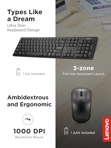 Lenovo 100 Wireless Keyboard and Mouse Combo – Cordless Set with Spill Resistant Quiet Keys – 3-Zone Keyboard - Ambidextrous Mouse – Compact Design – Wireless USB -Black - style: 100 Combo