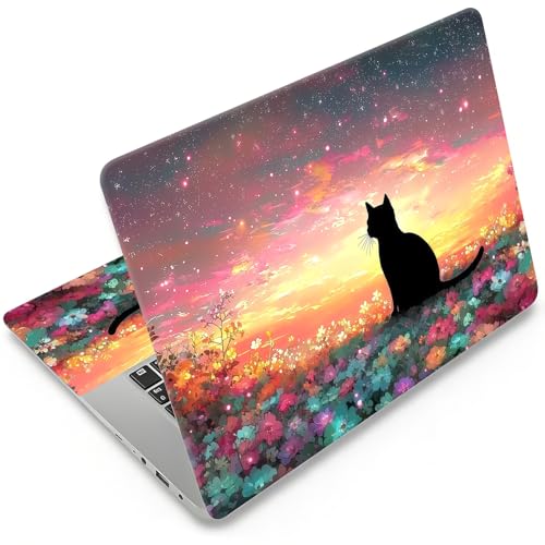 Laptop Skin 12.1-15.6 inch Removable Universal Reusable Laptop Sticker Decal,Waterproof No Residue Vinyl Cover,Scratch-Resistant Cuttable Full Wrap Sticker for Notebook, Cute Cat Starry Flower Field - color: Cute Cat Starry Flower Field