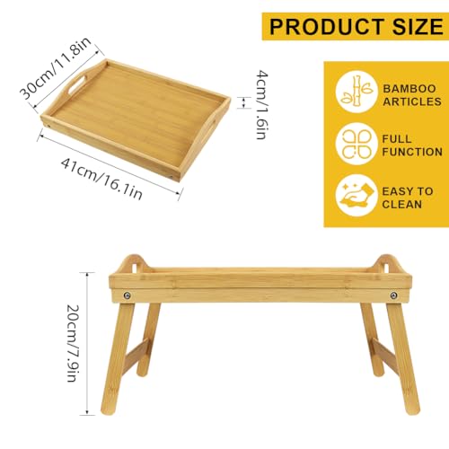 WKWKER Bamboo Bed Tray Table with Folding Legs Set of 2 Foldable Breakfast Tray Portable Serving Table Laptop Snack Drawing Breakfast Trays for Bed (Set of 2)