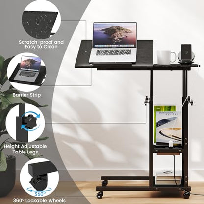 Hadulcet Adjustable C Table with Charging Station, Tiltable Desk C Shaped End Table for Couch, Over Bed Stand with Wheels Adjustable Height, Hospital Table Laptop Stand Drawing Desk, Black - color: Black, style: Upgrade