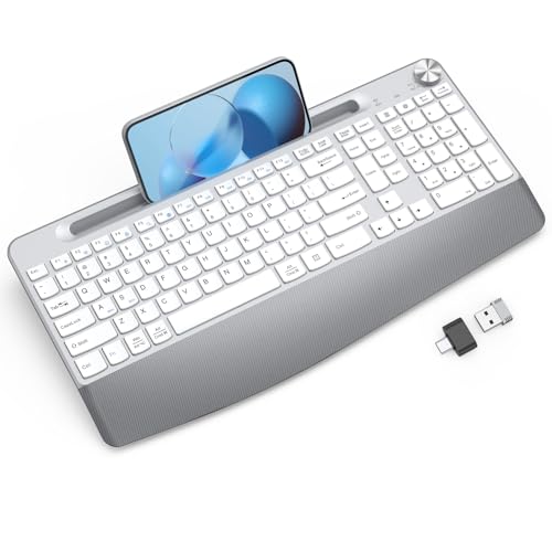 GAMCATZ Ergonomic Wireless Keyboard with Wrist Rest-Low-Profile,Phone/Tablet Holder,Quiet Design，Windows & Mac OS，Full Size Cordless USB Computer Keyboard for Desktop,Laptop, PC, Mac, Windows-White - color: 6-White1