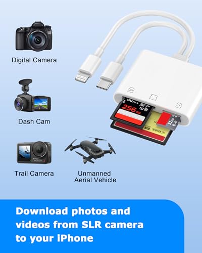 [Apple MFi Certified] 2-in-1 SD Card Reader for iPhone 17 16 15 14 13 12 11 | USB C & Lightning Memory Card Adapter with Compact Flash/CF/SD/MicroSD Slots Compatible with iPad MacBook Pro/Air/Mini Laptop - color: TWhite