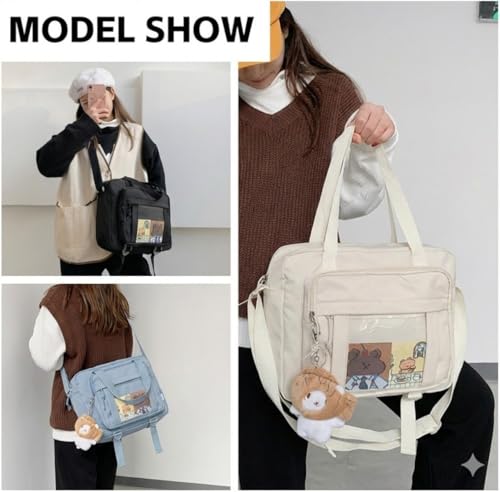 Kawaii Crossbody Ita Bag for Women with Pin & Plush Bear - Japanese Messenger Bags Y2K Shoulder Purse - color: C Max Black (Fits 15.6" Laptop)