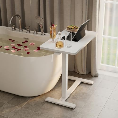 ROMOON Over Bed Table with Wheels, Height Adjustable Hospital Bedside Table | Rolling Overbed Desk & Mobile Laptop Cart with Sturdy Frame for Home Office, Couch, Small Spaces, 27.6" W x 15.7" D, White - color: White