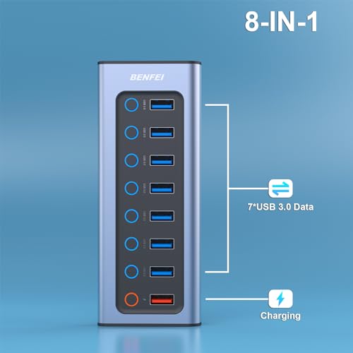 BENFEI 8-Port USB Hub with Power Adapter, USB Splitter Hub(7 Faster Data Transfer Ports + 1 Smart Charging Port) with Individual LED On/Off Switches
