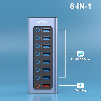 BENFEI 8-Port USB Hub with Power Adapter, USB Splitter Hub(7 Faster Data Transfer Ports + 1 Smart Charging Port) with Individual LED On/Off Switches