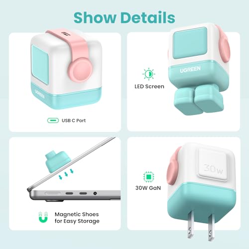 UGREEN Uno 30W USB C Charger Block, Compact Nexode Robot GaN Fast Charger for iPhone 17/16/15/14, Galaxy S26/S25/S24/S23, Pixel 10/9/8/7, MacBook Neo/Air, iPad Pro, Pink Blue - color: Pink Blue