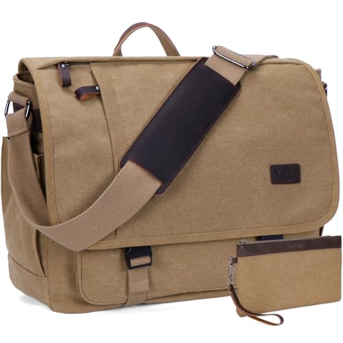 Nerlion Messenger Bag for Men 17-17.3 Inch Laptop Bag Canvas Water-resistant Computer Bag Shoulder Bag Work Briefcase Bookbag for College (Brown) - color: Brown