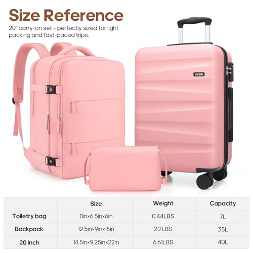 UKEIN Luggage Set with Backpack,Hardshell Carry On Luggage Airline Approved | 20inch Suitcase Set with 360° Smooth Spinner Wheels,TSA Lock,YKK Zippers,Lightweight 3 Piece,Polycarbonate - color: Pink, size: Carry On 3 Piece Set (20inch)
