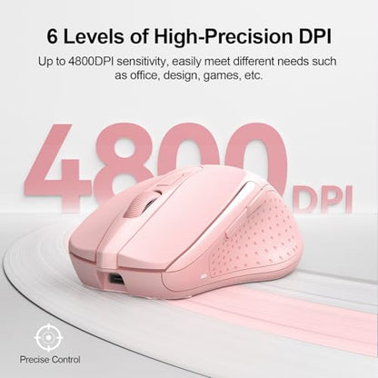 TECKNET Wireless Mouse, BT 5.0/2.4G, Rechargeable 6-DPI Silent, Pink | Bluetooth 5.0/3.0 & USB A, 2-Device Easy Switch, Wide OS Compatible, 6 Buttons, 6-DPI up to 4800, Ergonomic for S to M Hands - color: Pink