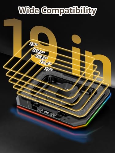 Laptop Cooling Pad, Gaming Laptop Cooler for 13-19 Inch Laptops, RGB Lights Laptop Fan Cooling Pad with 3 Height Adjustable and 3 USB Ports, 4.72 Inch Large Turbo Fan, Max 3500RPM
