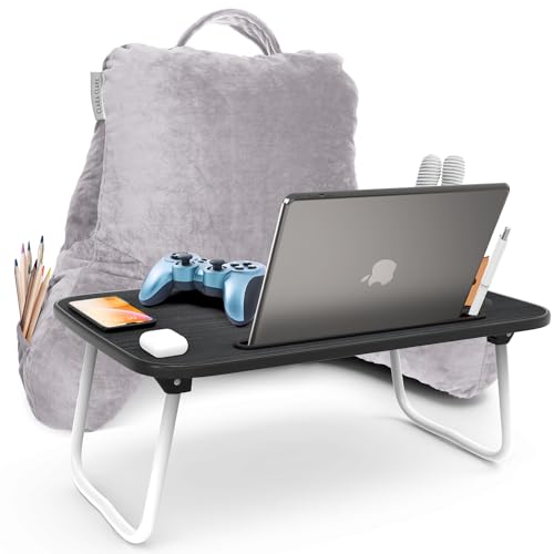 Clara Clark Reading Pillow with Portable Lap Desk Set for Kids, Back Pillow for Sitting Up in Bed, Memory Foam Back Support Pillow, Bed Rest Pillow with Foldable Laptop Desk, Small - Grey Lavender - color: Grey Lavender, size: Petite/Small