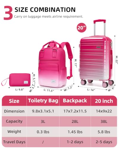 LARVENDER Carry on Luggage Sets 3 Piece, 20 Inch Suitcases, Berry Sparkling | 22x14x9 Airline Approved, Gradient PC+ABS Hardshell, Smooth 360° Wheels, TSA Lock, 3-Piece Set with Color-matched Backpack - color: Berry Sparkling 20BP, size: 3 Piece Set (Back