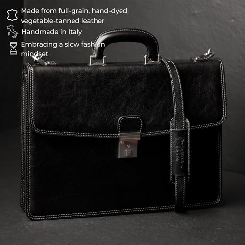 Time Resistance Leather Briefcase - Italian Handmade Leather Laptop Bag - Handbag for Men - Professional Computer Case - color: Black