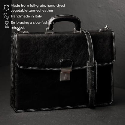 Time Resistance Leather Briefcase - Italian Handmade Leather Laptop Bag - Handbag for Men - Professional Computer Case - color: Black