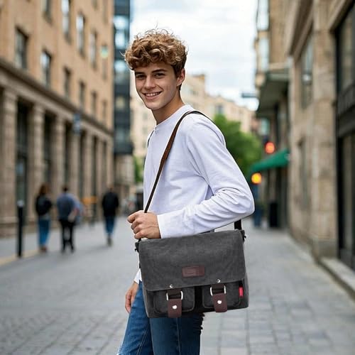 Messenger Bag for men Laptop Bag UnisexRetro Canvas Bag14-15.6 inches Casual single shoulder bag For Work College Travel - color: S-grey