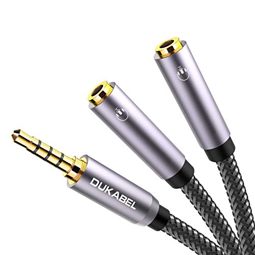 DUKABEL Headphone Splitter, Strong Braided & Gold-Plated 3.5mm Stereo Audio Y Splitter Cable 4-Pole Male to 2-Female Port Audio Stereo Cable Dual Headphone Jack Adapter Top Series - size: 11inch / 26cm