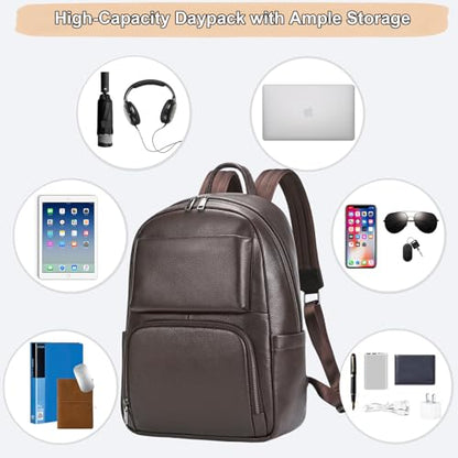 Genuine Leather 15.6 Inch Laptop Backpack for Men, Multi Pocket Casual Daypack Shoulder Bag for Business Travel Outdoor, Coffee - color: Coffee