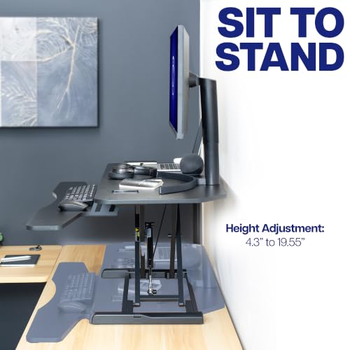 VIVO 48" Extra Large Corner Desk Riser, Pneumatic Sit-Stand Desk Converter, Dual Monitor Keyboard Tray, Grommet, Cable Management, Anti-Slip, Black, DESK-V048KL - size: 48"