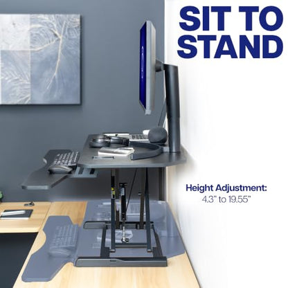 VIVO 48" Extra Large Corner Desk Riser, Pneumatic Sit-Stand Desk Converter, Dual Monitor Keyboard Tray, Grommet, Cable Management, Anti-Slip, Black, DESK-V048KL - size: 48"