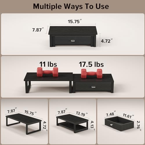 WOHOMO Dual Monitor Stand Riser with Drawers, Wood Desk Organizers for 2 Monitors, Desktop Storage Stand for Computer, Laptop, Black