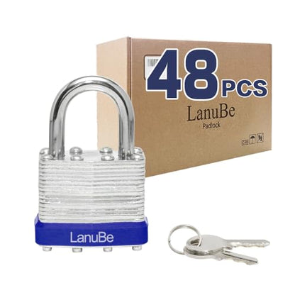 LanuBe Laminated Keyed Alike Padlock 48 Pack 1.6-in Wide Standard Shackle | Brass cylinder with keyed alike design.One key opens all locks. Blue，Standard shackle for gates, sheds,hasps ，toolboxes - size: 48 Pack Blue