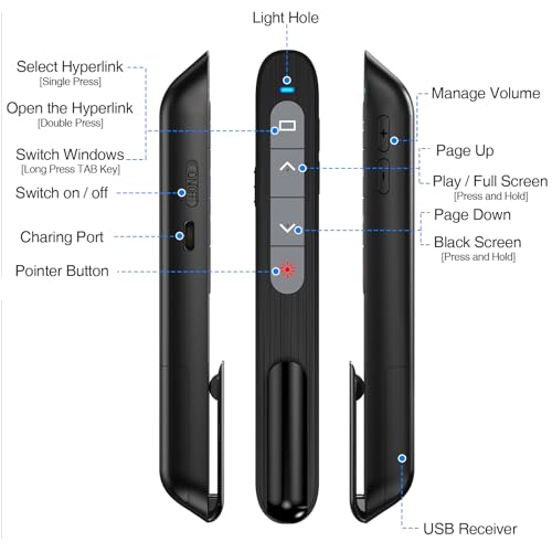 DinoFire USB C Rechargeable Presentation Remote with Red Light,Wireless Preseter PPT Slide Clicker Advancer for MacBook Laptop Computer