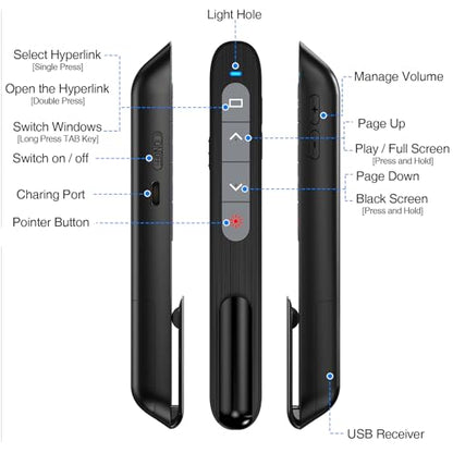 DinoFire USB C Rechargeable Presentation Remote with Red Light,Wireless Preseter PPT Slide Clicker Advancer for MacBook Laptop Computer