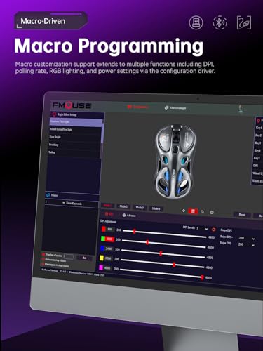 FMOUSE Wireless Mouse Gaming, Tri-Mode 2.4G & Bluetooth & Wired, White-Gray | Stylish Hollow RGB | Charge While Using | Custom Macro Programming | Efficient Office | 4800 DPI | Mac iPad Laptop | 65g