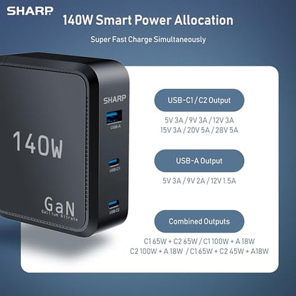 Sharp 140W USB C Charger, Compact Foldable GaN Fast Charge 3-Port (2 USB-C, 1 USB-A), Compact Foldable Wall Charger for MacBook Pro/Air, iPad Pro, iPhone 15/Pro, Galaxy S22/S21, Dell XPS, Black - color: Black