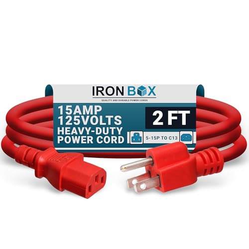 IronBox Electric - Heavy-Duty 5-15P to C13 Power Cord - 3 Prong 15A 125V 14/3 SJT PC Cable - Cord for Computer, Monitor, Subwoofer, Amplifier - Cable for Power Supply - (Red 2 Foot) - color: Red, size: 2 ft