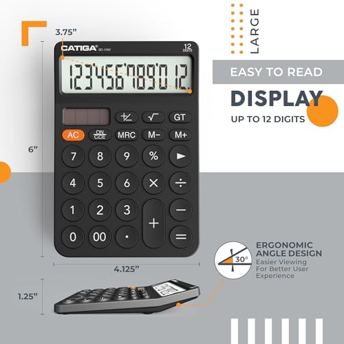 CATIGA 12 Digit Desktop Calculator with Large LCD Display, 4 Funtions Calculator, Round Design Big Button, Solar and Battery Dual Power, Standard Function for Office, Home, School, SD-1292 - color: 2.1) Black