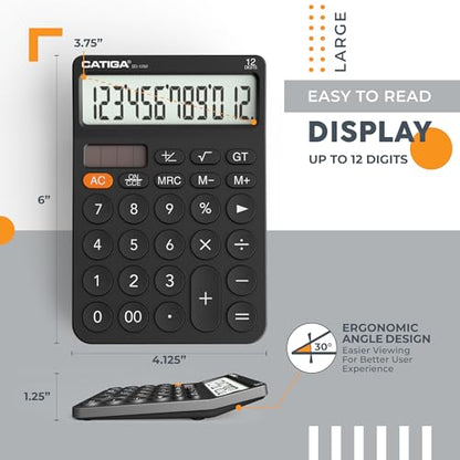 CATIGA 12 Digit Desktop Calculator with Large LCD Display, 4 Funtions Calculator, Round Design Big Button, Solar and Battery Dual Power, Standard Function for Office, Home, School, SD-1292 - color: 2.1) Black