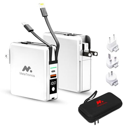 5-in-1 Travel Power Bank with Wall Plug — 10000mAh MagSafe Wireless Portable Charger with Built-in USB-C & Lightning Cables + Universal International Travel Adapter (US/Asia/Europe/Asia) | 5-in-1 Charger with USB-C, Global Travel Adapter, Built-In Chargin