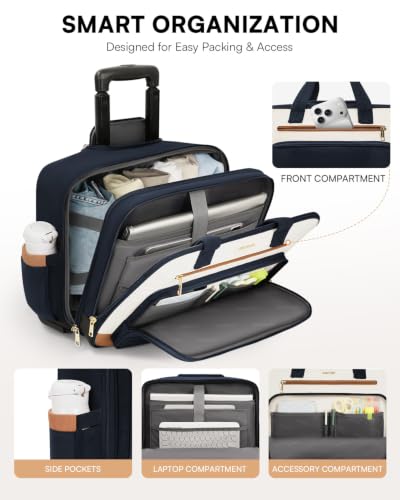 Puffer Women's Rolling Laptop Briefcase Bag with Wheels for Work & Travel | Fits 16-Inch Rolling Computer Bag, Water Resistant, TSA Friendly, 4 Pockets, Lockable Zippers, 3 Ways to Carry - color: Ribbed Navy Blue
