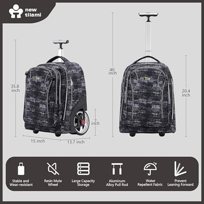 NEW TILAMI 20 Inch Rolling Backpack for School Stair-Climbing Big Wheel | Teen Boys Girls Carry-on Suitcase Large Organizer Compartment 15.6 Laptop Sleeve Adjustable Handle Roller Travel Bag College - color: Grey Mosaic