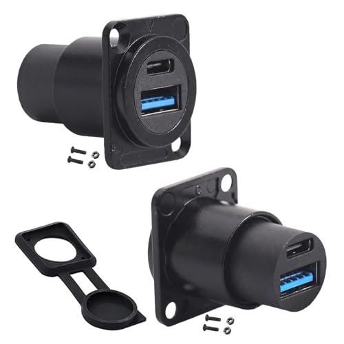 PENGLIN 2PCS Dual USB Panel Mount Adapter, USB-C 3.1 & USB 3.0 Data Socket | Supports 5Gbps Data Sync & Power Supply,Standard D-Type Panel Mount,Space Efficient Dual Channel - color: Black, size: 2PCS