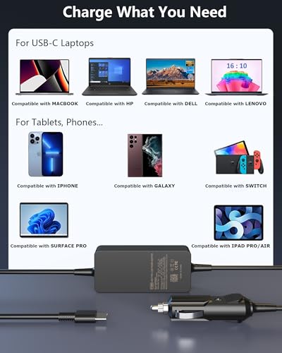 100W USB-C Laptop Car Charger | Compatible with Dell/HP/Lenovo/MacBook/Microsoft Surface/MSI/Acer/Samsung/Asus/LG gram/Razer/Google Pixel，20V 5A Output