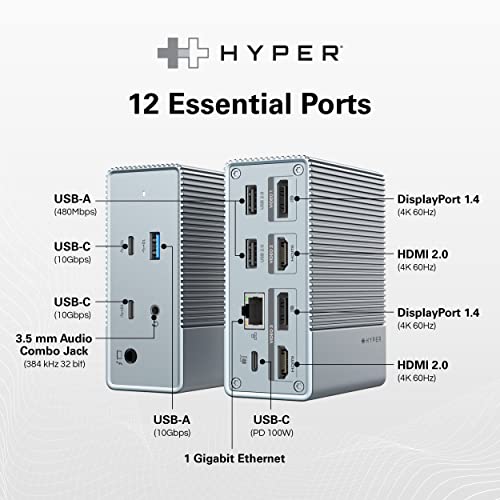 HyperDrive USB-C & Thunderbolt 4 GEN2 12-in-1 Docking Station, 100W PD for MacBook Pro/Air, iPad, PC, 4K USB C Triple Display, 10Gbps, Gigabit Ethernet - style: 12-in-1 PD