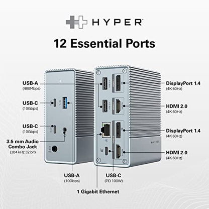 HyperDrive USB-C & Thunderbolt 4 GEN2 12-in-1 Docking Station, 100W PD for MacBook Pro/Air, iPad, PC, 4K USB C Triple Display, 10Gbps, Gigabit Ethernet - style: 12-in-1 PD