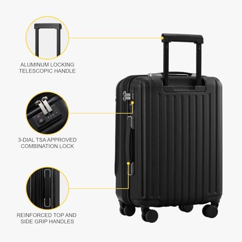 LEVEL8 Grace Carry On Luggage Airline Approved, 20 Inch Expandable Hardside Carry On Suitcase With Wheels, Abs+Pc Small Luggage with Tsa Lock, Black, 20-Inch - color: Black, size: 20 Inch + 4PC
