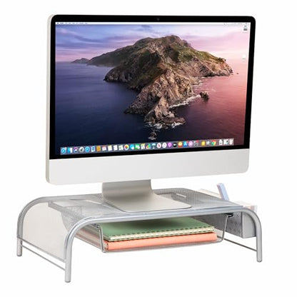 Mind Reader Monitor Stand, Ventilated Laptop Riser, Paper Tray, Storage, Office, Metal Mesh, 20"L x 11.5"W x 5.5"H, Silver - color: Silver