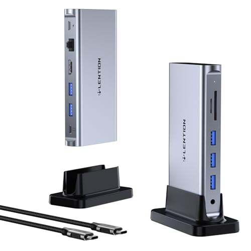 LENTION 11-in-1 USB C Docking Station with Detachable 3.3ft Long Cable, 4K@60Hz HDMI, 100W PD, Ethernet, USB 3.0, SD/TF, Vertical Design for MacBook Pro/Air/Neo, Dell, HP, Lenovo, Surface Laptop (D54) - color: Space Gray