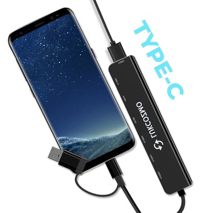 USB-C 7-in-1 Hub: 4 USB 3.0, USB-C, SD/TF, Audio, for MacBook, iPad, Dell, HP, Phones - color: Black