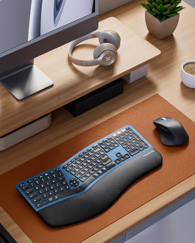 ProtoArc EKM01 Plus Wireless Ergonomic Keyboard Mouse Combo - Blue | Full-size Split Keyboard with Cushioned Wrist Rest, Ergonomic Mouse, 3-Device Bluetooth/2.4G, USB-C Rechargeable - color: Blue