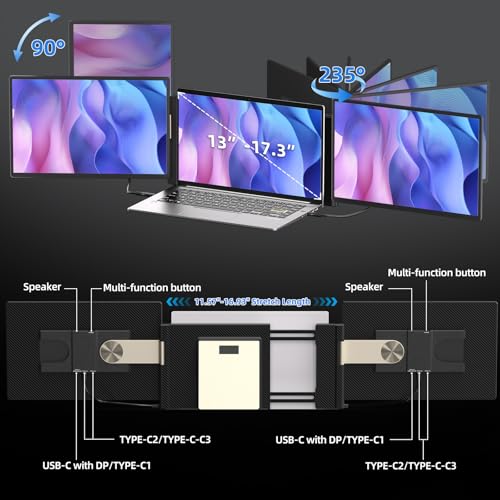Laptop Screen Extender 16 inch - Triple Laptop Monitor Extender Detachable FHD 1920x1200P IPS 235° Rotation Extra Portable Monitor Compatible with 13”-17” Mac Wins Dex Chrome - size: 16" Monitor-D